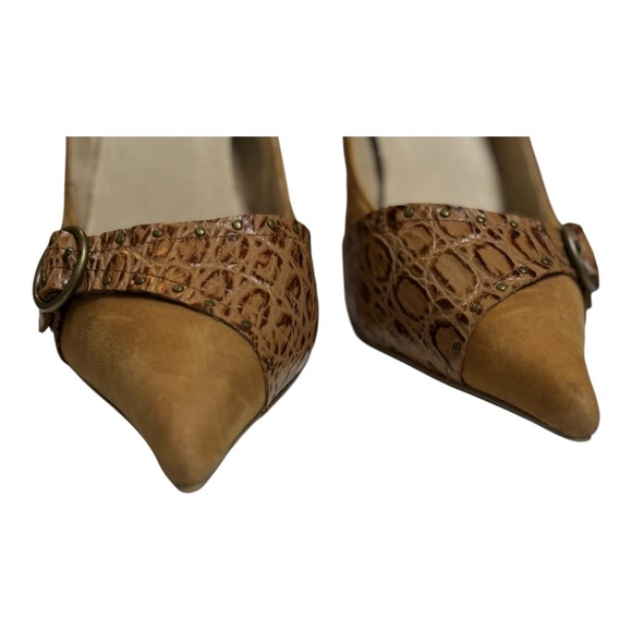 Seychelles Tan Suede Stiletto Heel Size 8.5 Croc Embossed Leather Accent Buckle - Picture 3 of 16